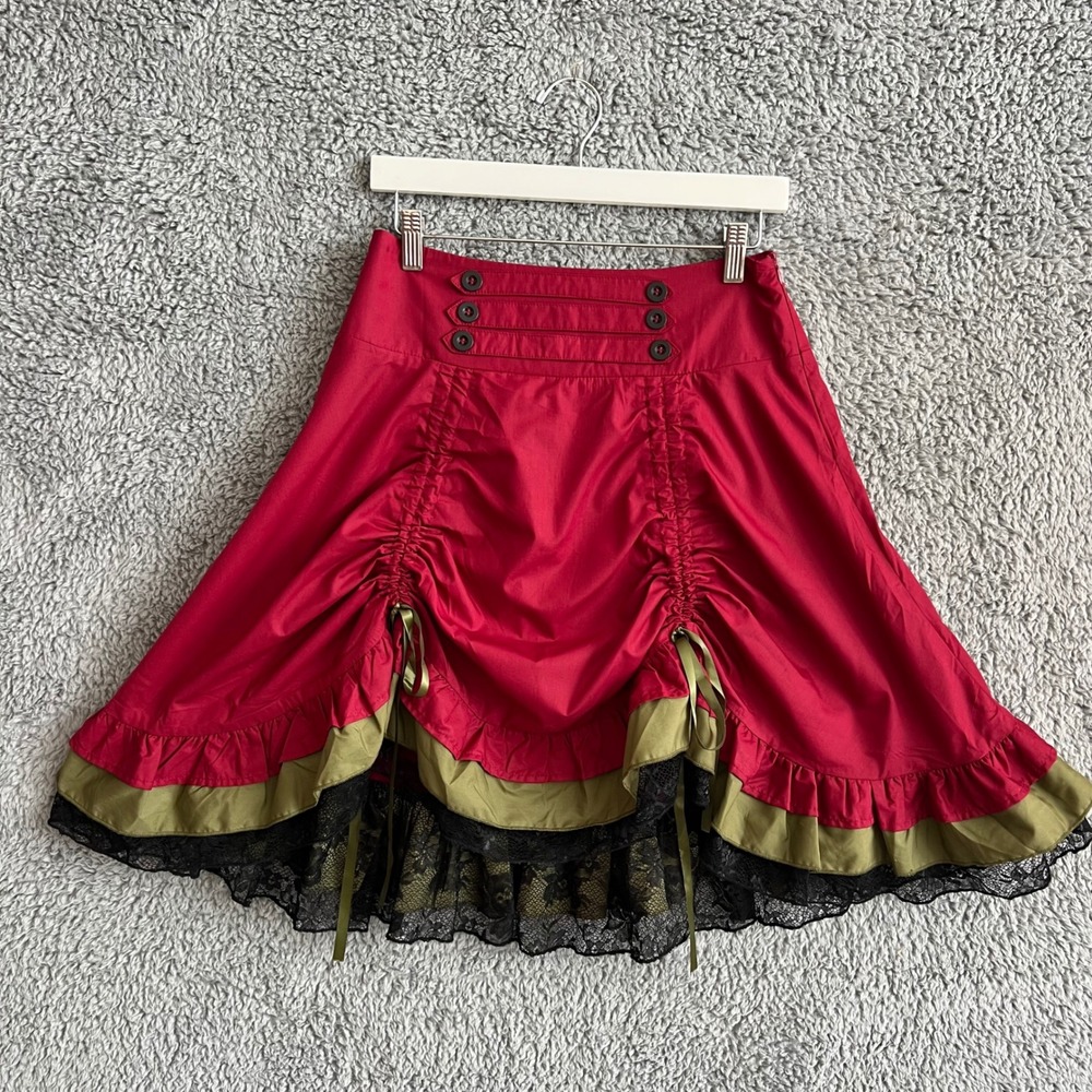 Steampunk high-low lace ruffle skirt burgundy Renaissance M ribbon drawstring